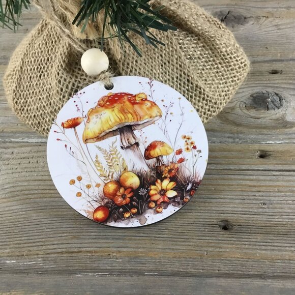 Woodland Mushroom and Orange Flowers Christmas Ornament  3.5" Wooden Ornament - Picture 4 of 5